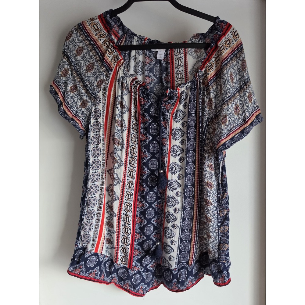 Westport 1962 Blouse Women 1X Paisley Stripe Blue White Red Boho Top Shirt